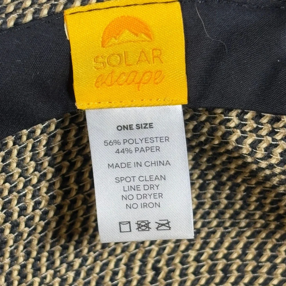Solar Escape Womens Wide Brim Sun Hat OS Tan Black Woven Adjustable Chin Strap